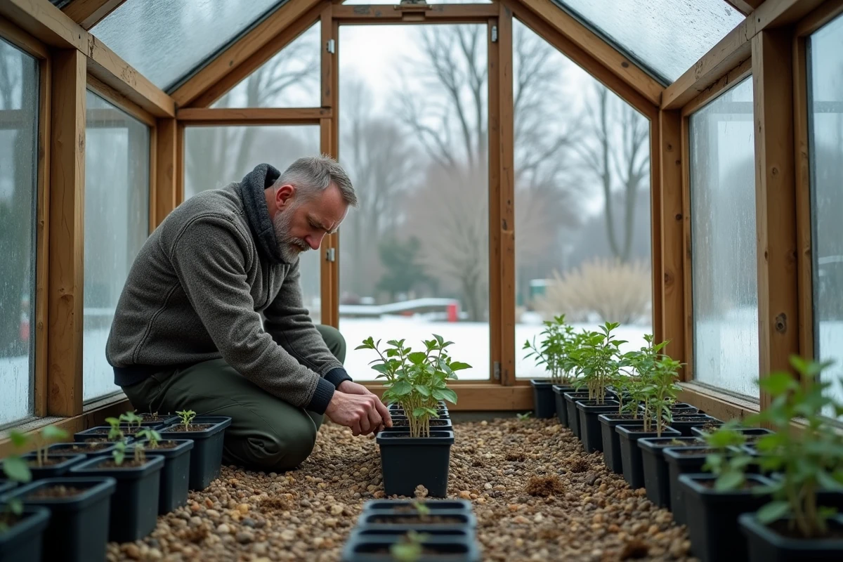 Homme vérifiant des boutures de photinia en caissette froide dans un jardin enneigé en hiver sous abri en bois