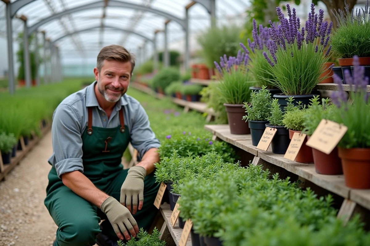 Jardinerie avec plantes répulsives anti-mouches comme lavande menthe et romarin en pot