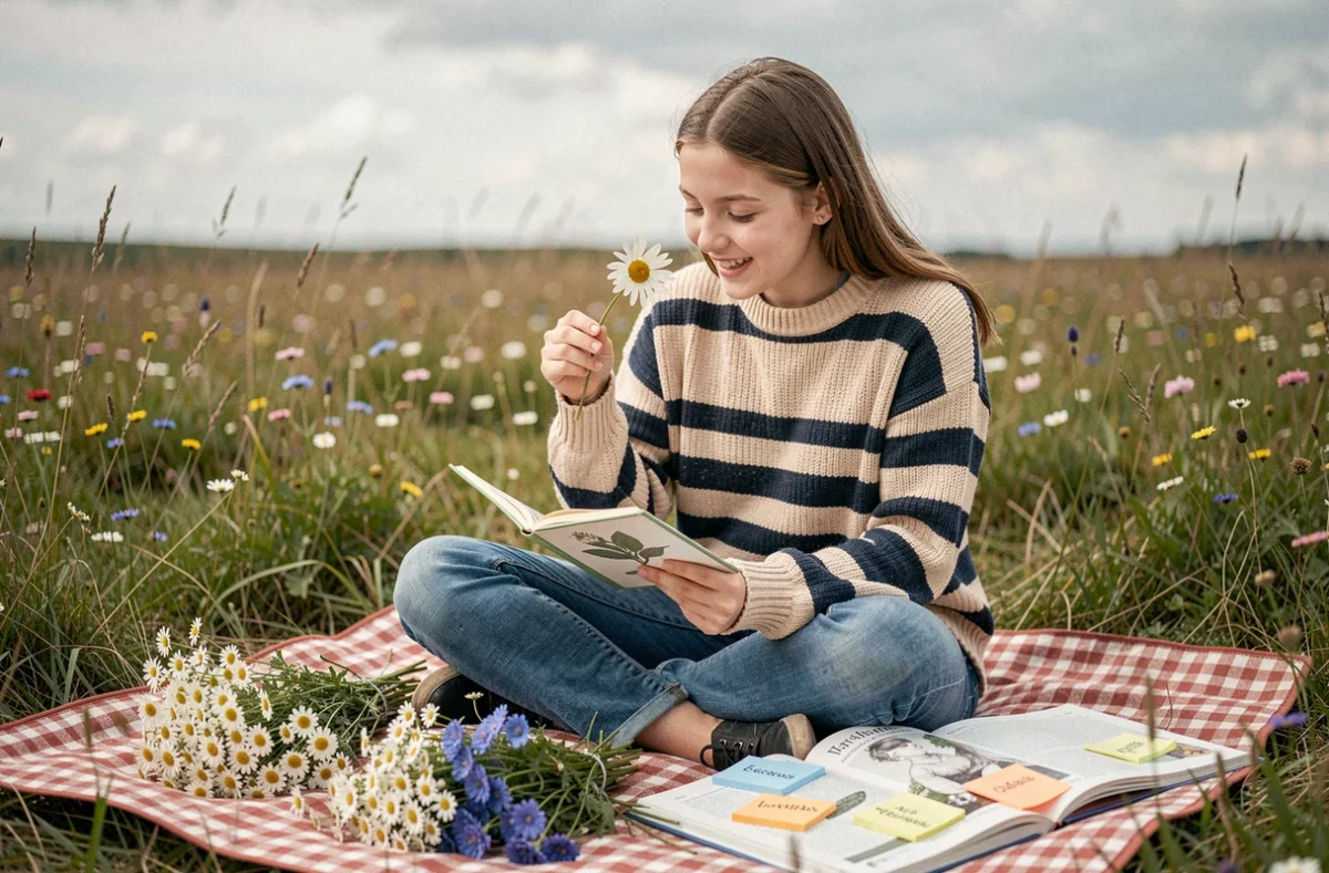 Adolescente étudiant les noms de fleurs sauvages avec des guides botaniques et des fleurs pressées sur une couverture de pique-nique dans une prairie fleurie