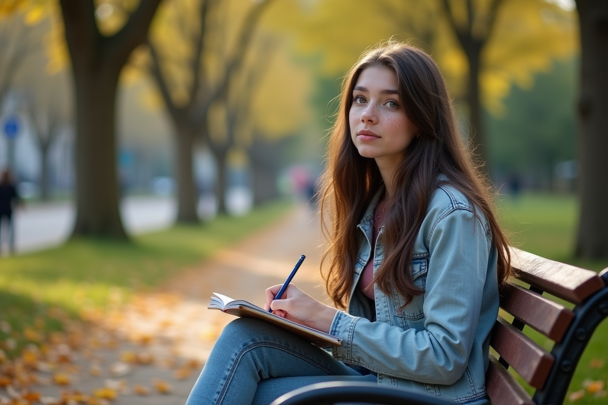 Adolescente dessinant sur un banc dans un parc urbain