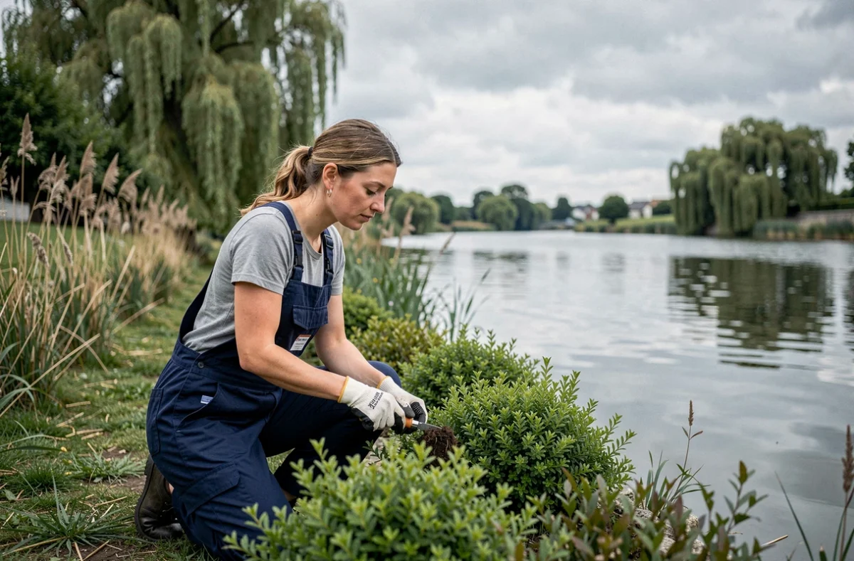 Spécialiste paysagiste plantant des arbustes ornementaux en bordure de Seine à Anneville-sur-Seine