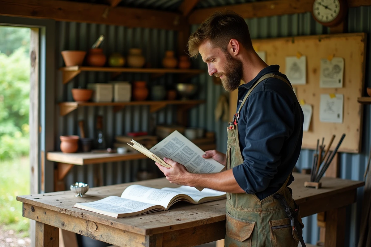 Agriculteur comparant plusieurs livres de permaculture dans un atelier de microferme avec forêt comestible en arrière-plan