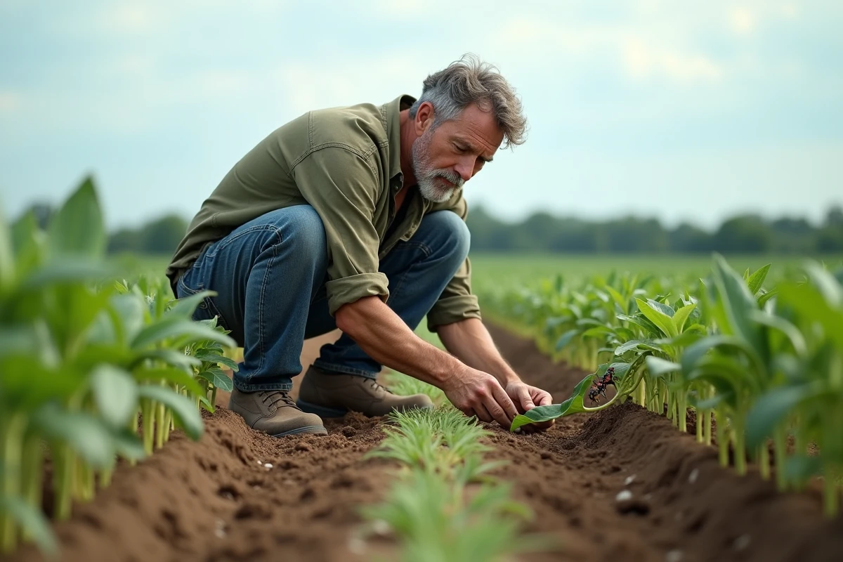 Agriculteur inspectant des plants dévorés par des criquets dans son champ, feuilles squelettisées par les ravageurs