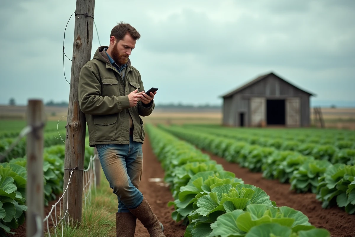 Agriculteur consultant son smartphone dans un champ de légumes pendant une pause de travail