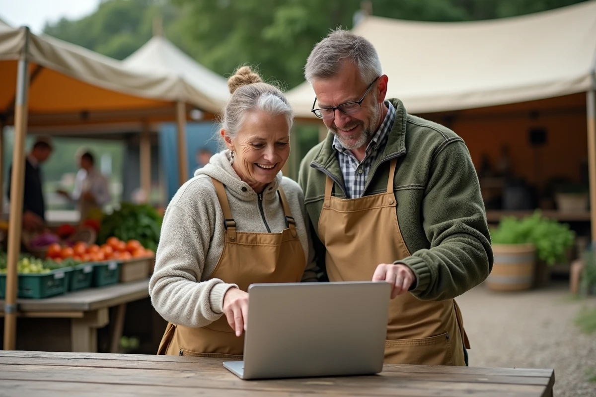 Deux agriculteurs consultant ensemble une plateforme de réseau agricole sur un ordinateur portable au marché
