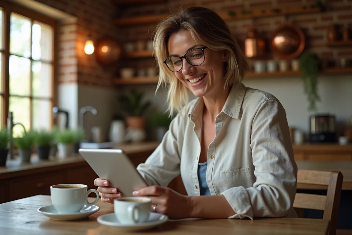 Femme agricultrice consultant l'application Agriconvivial sur une tablette dans une cuisine de ferme rustique