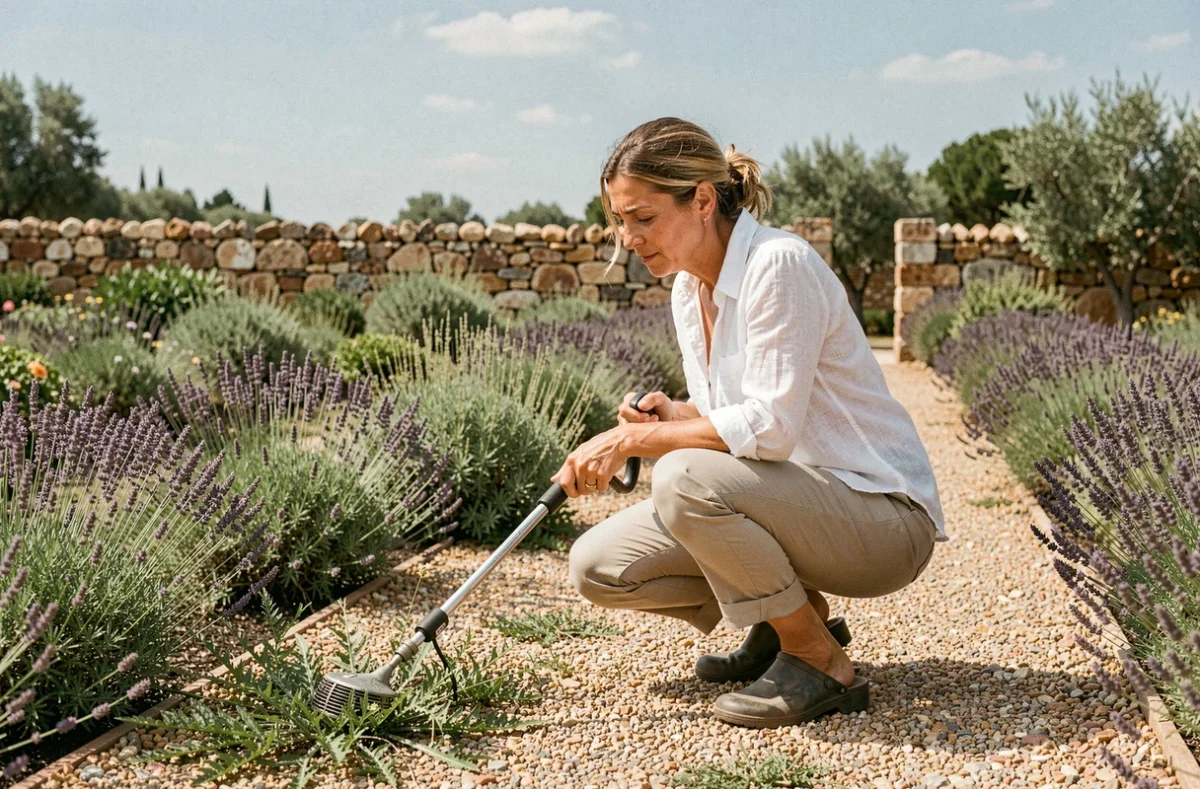 Femme utilisant un désherbage thermique alternatif au glyphosate dans un jardin espagnol