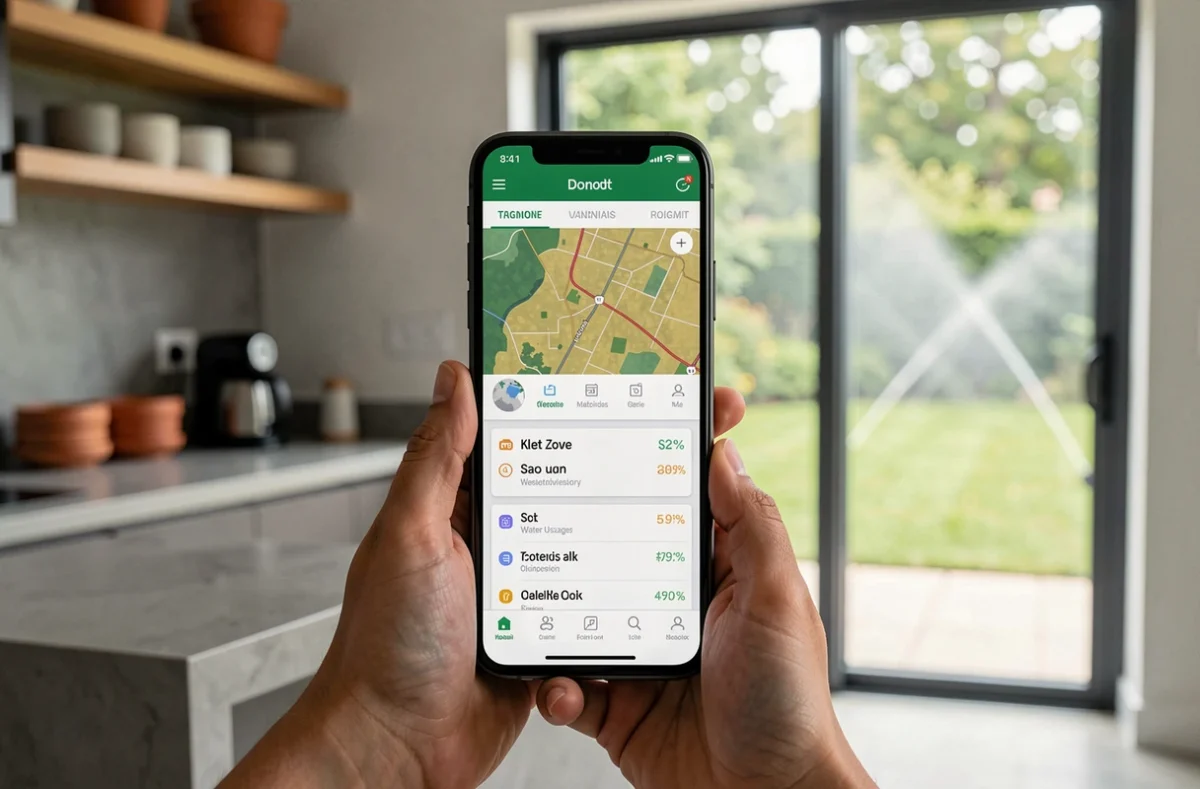 Application domotique d'arrosage connecté affichée sur smartphone avec vue sur jardin arrosé