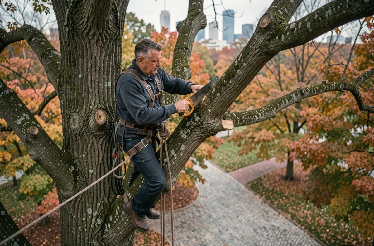Arboriste certifié en harnais de sécurité travaillant en hauteur dans un platane d'un parc urbain