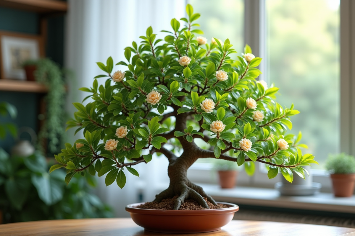 Arbre de jade mature en pot vu de dessus dans une pièce lumineuse