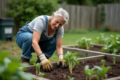 Jardinière arrachant les plants de haricots verts épuisés après la récolte dans un potager en bois