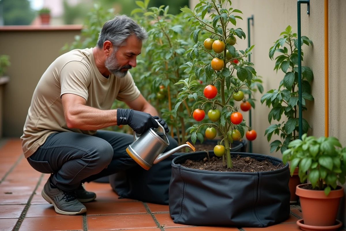 Homme arrosant des tomates en pot avec un engrais liquide sur une petite terrasse