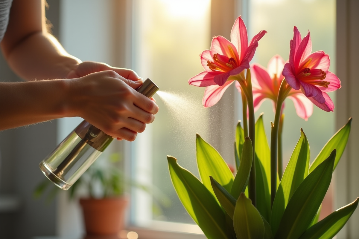 Main arrosant des freesias en pot en intérieur