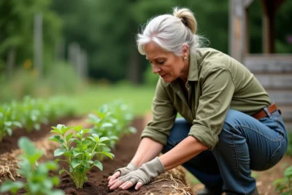 Femme jardinière vérifiant l'humidité du sol autour de plants de pommes de terre par temps sec en été