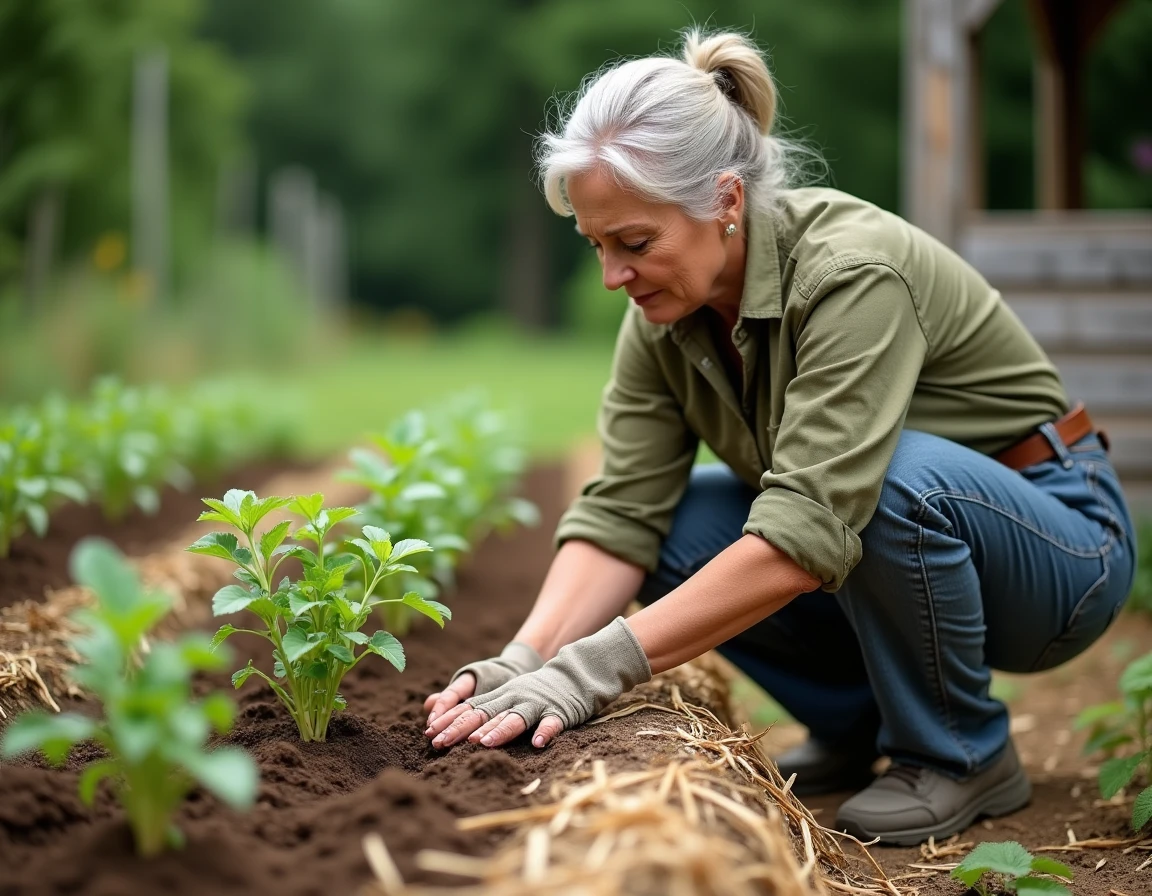 Femme jardinière vérifiant l'humidité du sol autour de plants de pommes de terre par temps sec en été