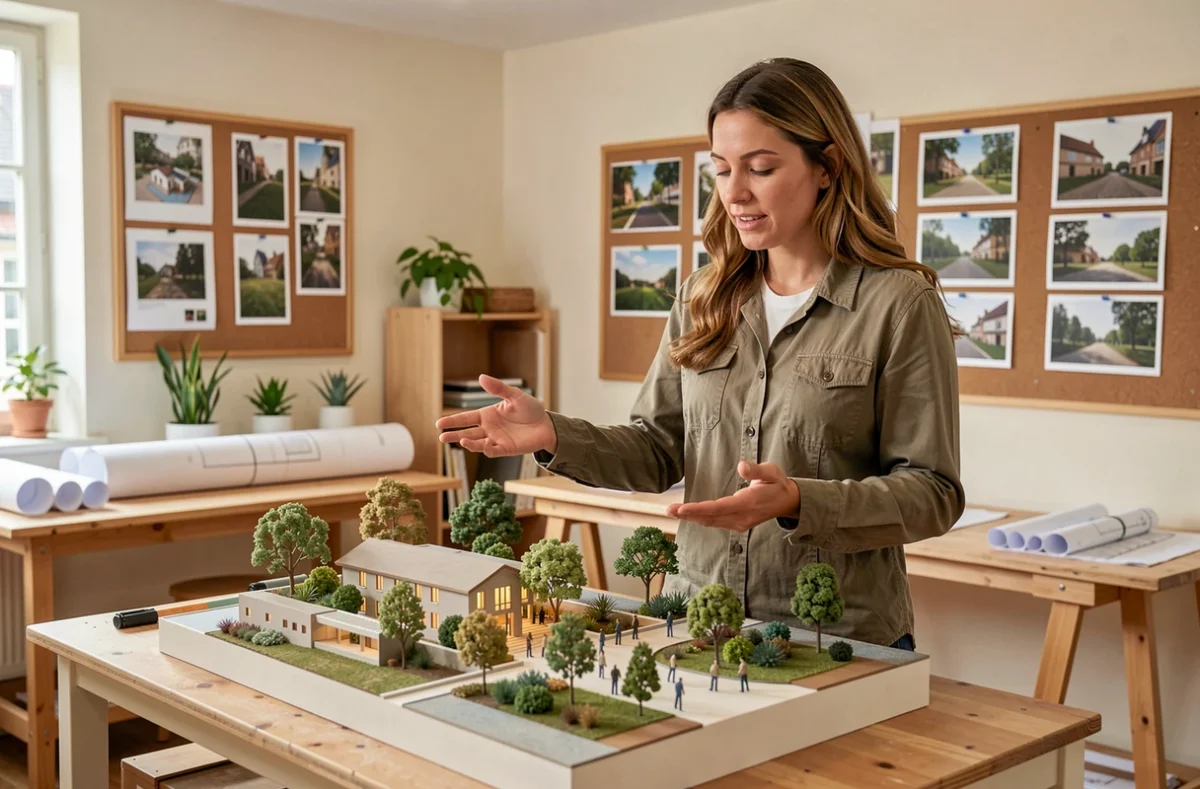 Architecte paysagiste de l'Atelier Api présentant une maquette de jardin public dans son studio à Rouen