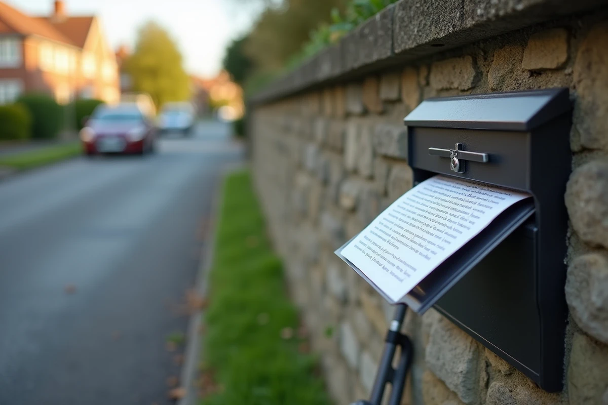 Boîte aux lettres avec un avis municipal sur les horaires de tonte dans un quartier résidentiel calme le dimanche