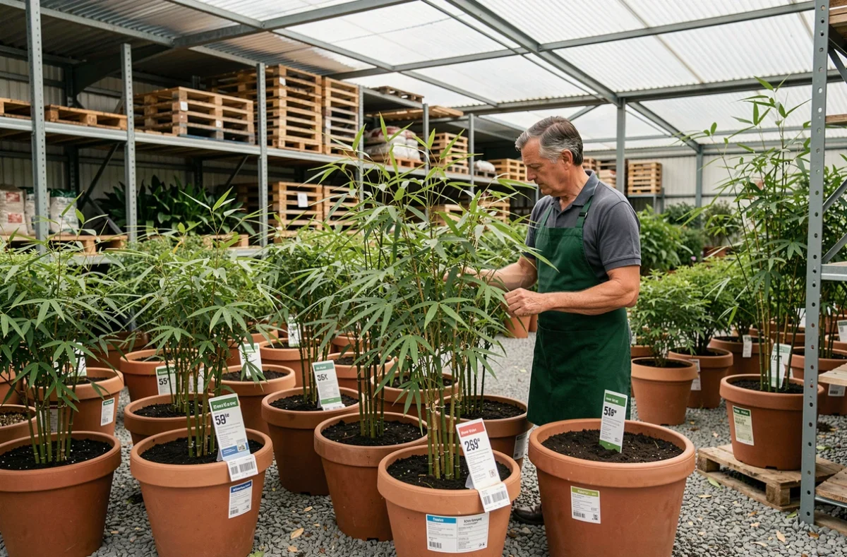 Bambous non traçants en pots dans une jardinerie avec étiquettes de prix visibles