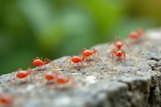 Petites bestioles rouges visibles à la loupe sur une pierre de jardin texturée