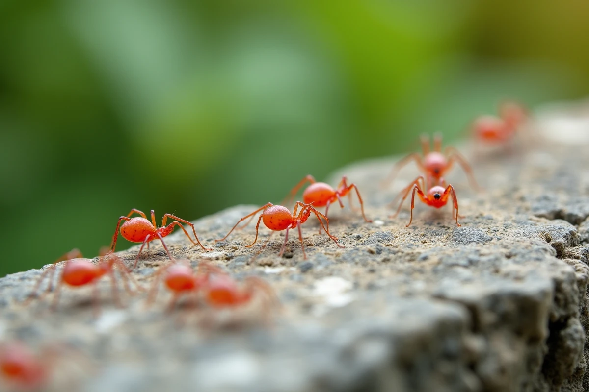 Petites bestioles rouges visibles à la loupe sur une pierre de jardin texturée