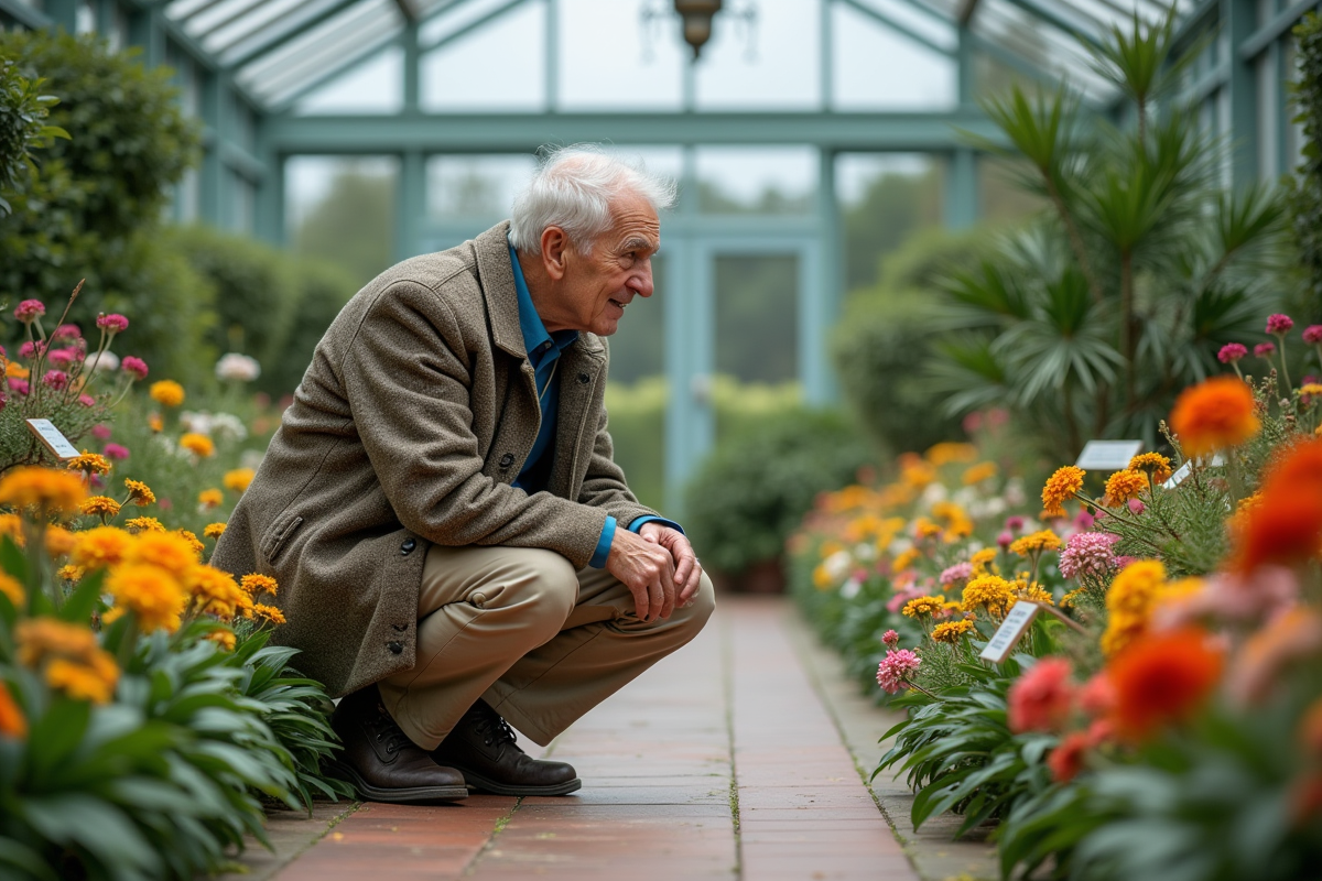 Hommes botaniste examine des fleurs dans un conservatoire