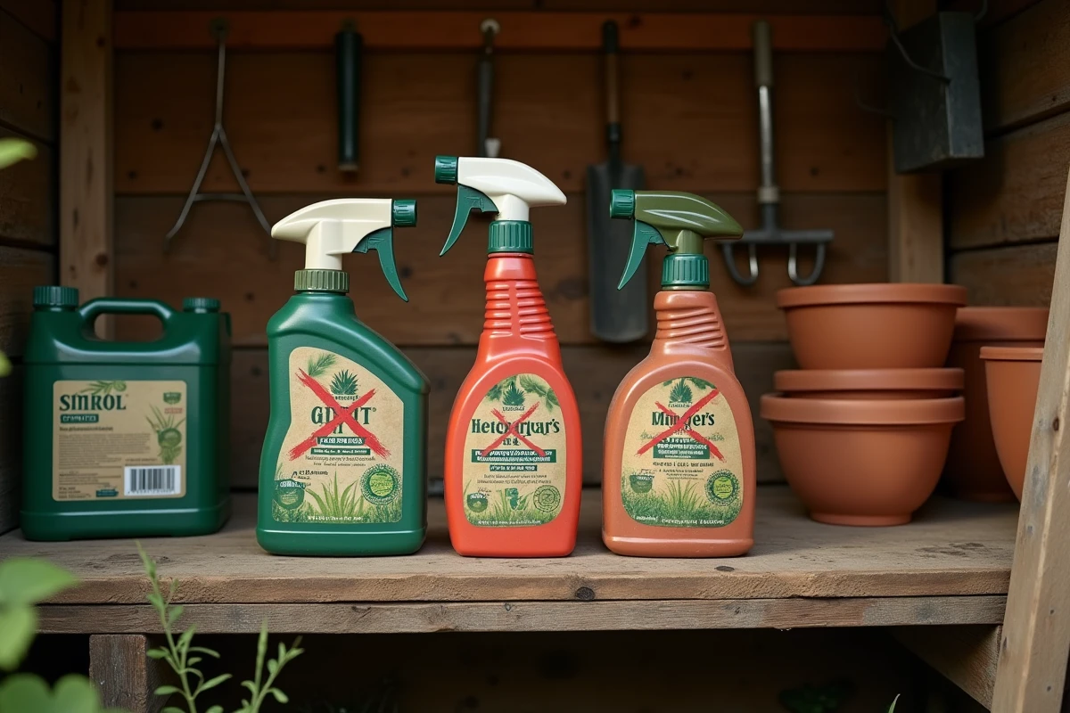 Bouteilles de débroussaillants herbicides sur un établi de jardin, dont certains potentiellement interdits en France