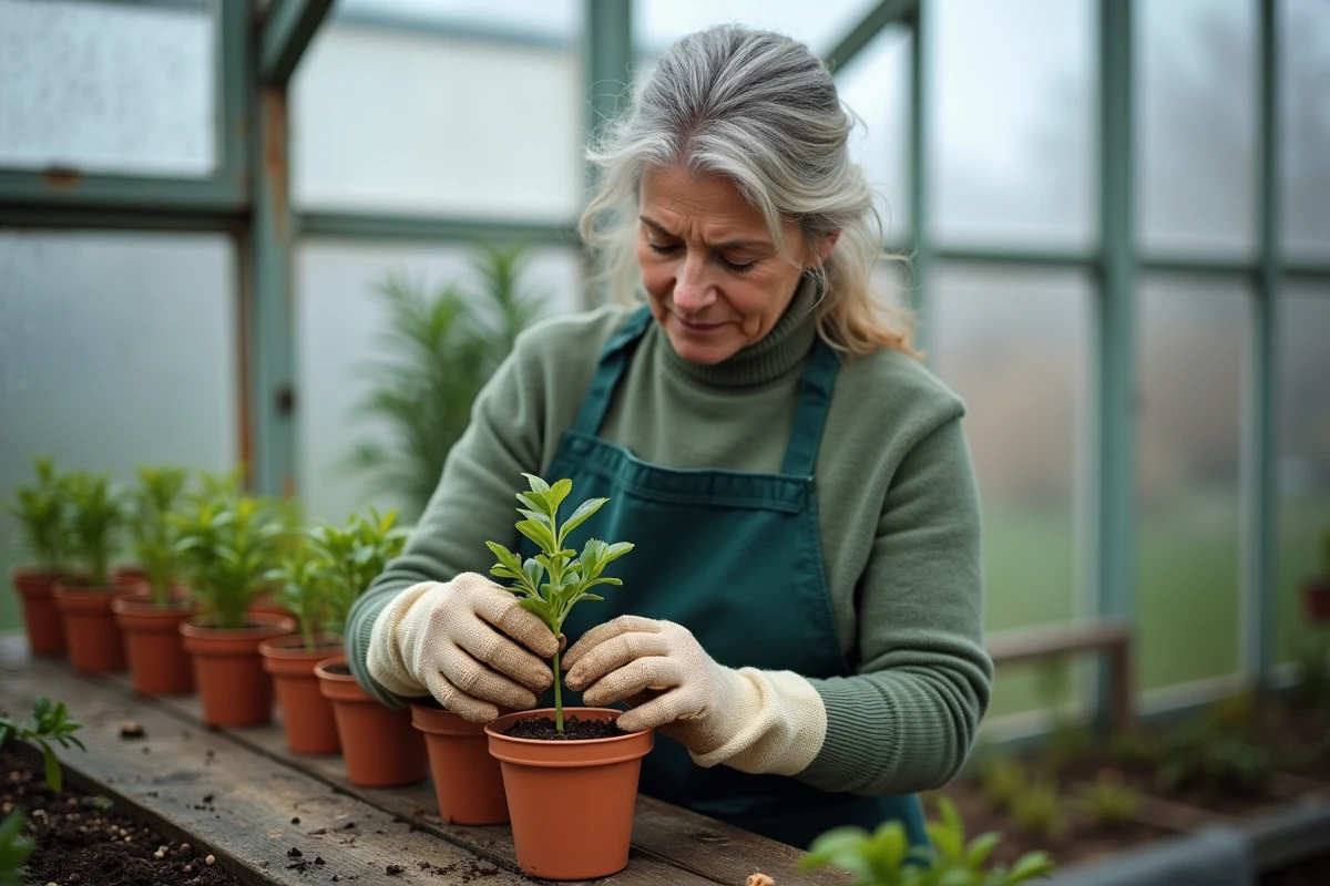 Femme jardinant sous serre en hiver, bouturant un photinia dans un pot en terre cuite sur un établi en bois