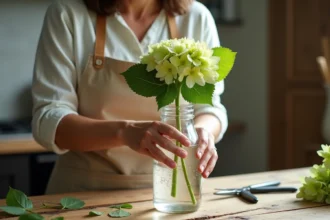 Bouture d'hortensia placée dans un verre d'eau sur un plan de travail en bois rustique, méthode de bouturage dans l'eau