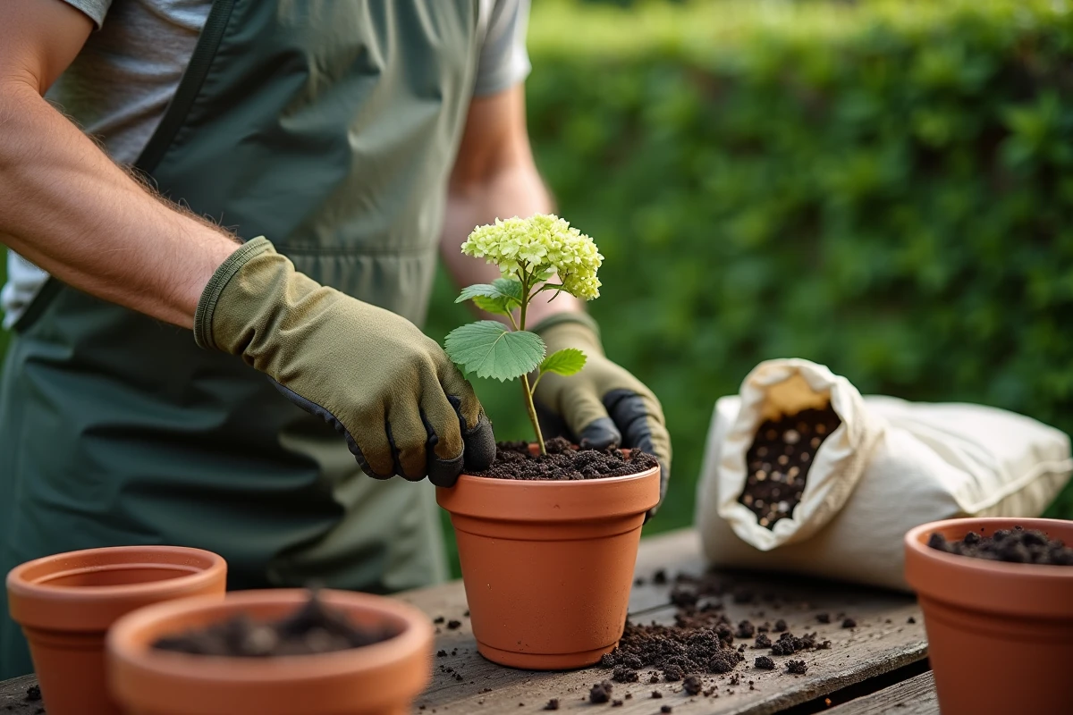 Bouture d'hortensia plantée en terre dans un pot en terre cuite au jardin, méthode de bouturage en substrat