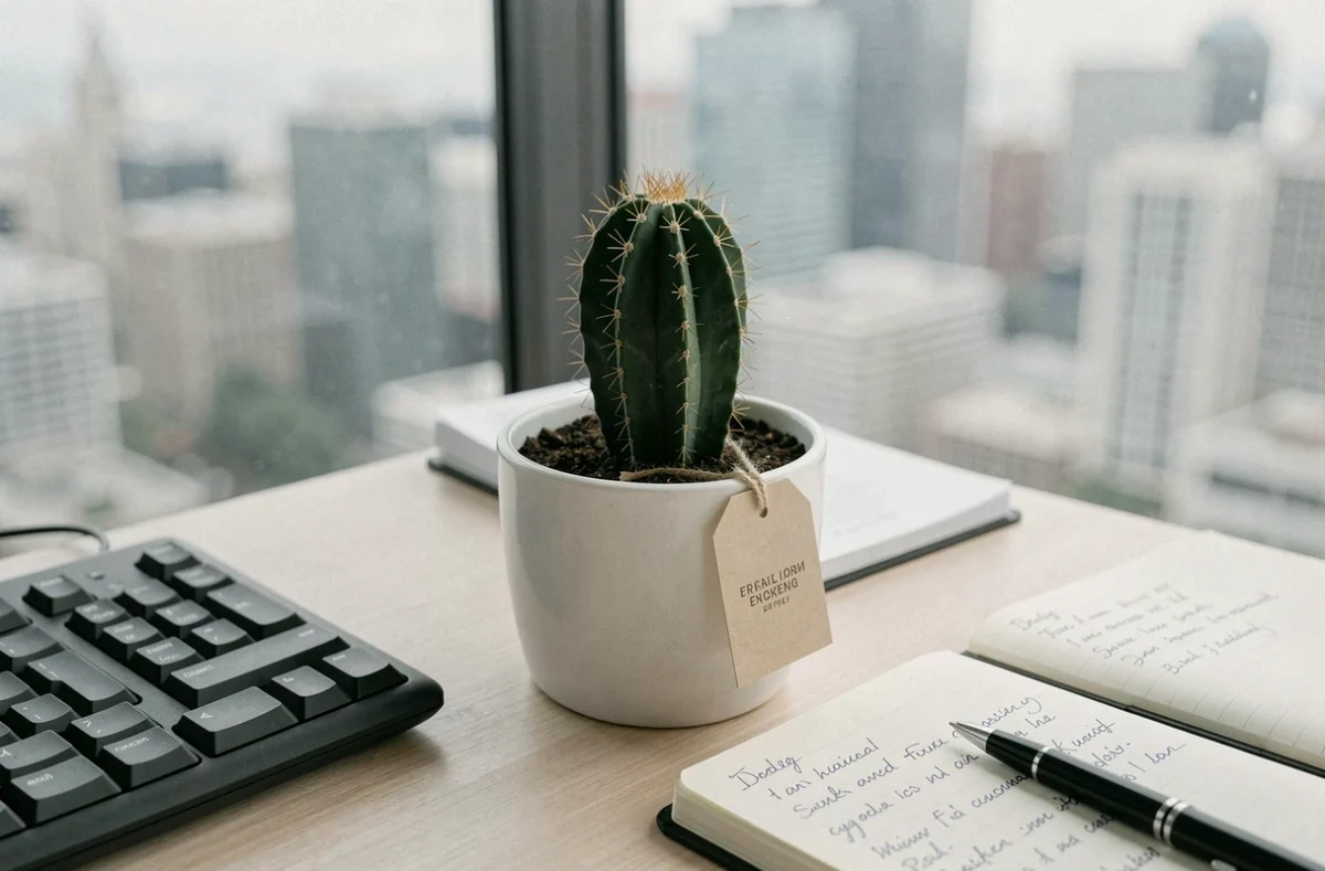 Cactus en pot blanc sur un bureau de travail avec étiquette cadeau, symbolisant la signification cachée d'un cadeau professionnel