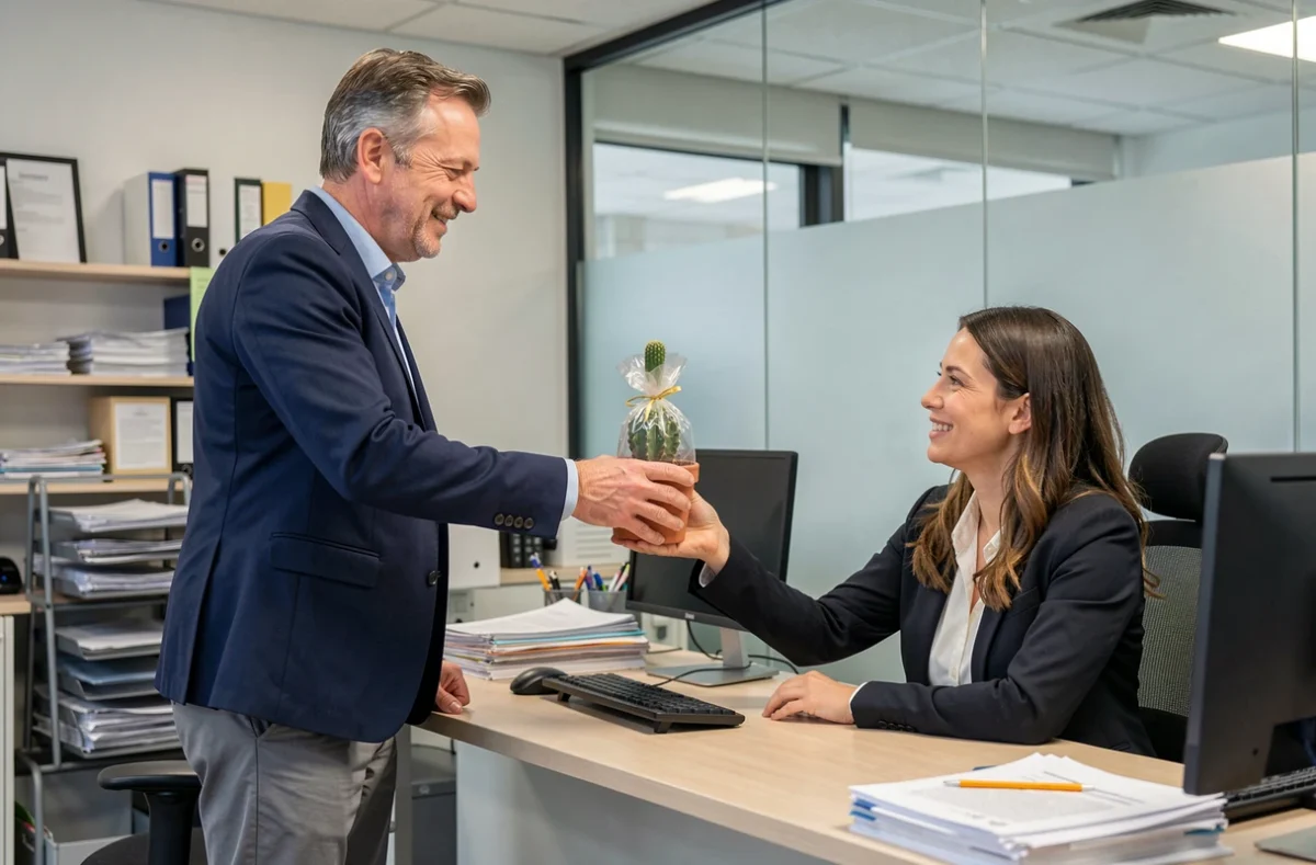 Collègue offrant un cactus enveloppé à une collaboratrice dans un espace de travail moderne, geste professionnel ambigu