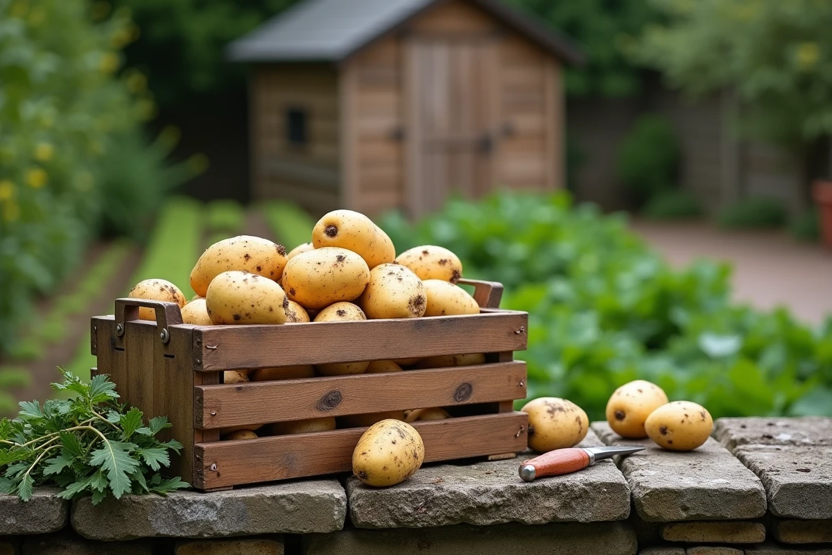 Caisse en bois remplie de pommes de terre de primeur posée sur un muret en pierre dans un jardin potager