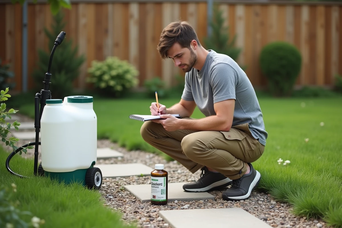 Jeune jardinier notant les calculs de dosage du Roundup 360 Plus pour 5 litres d'eau dans un carnet