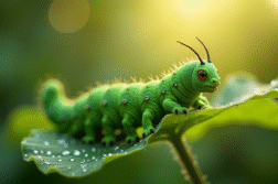 Chenille verte de sphinx sur feuilles de jardin en matinée