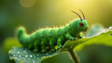 Chenille verte de sphinx sur feuilles de jardin en matinée