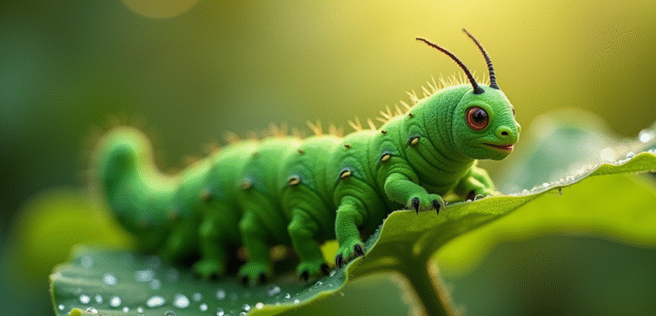 Chenille verte de sphinx sur feuilles de jardin en matinée