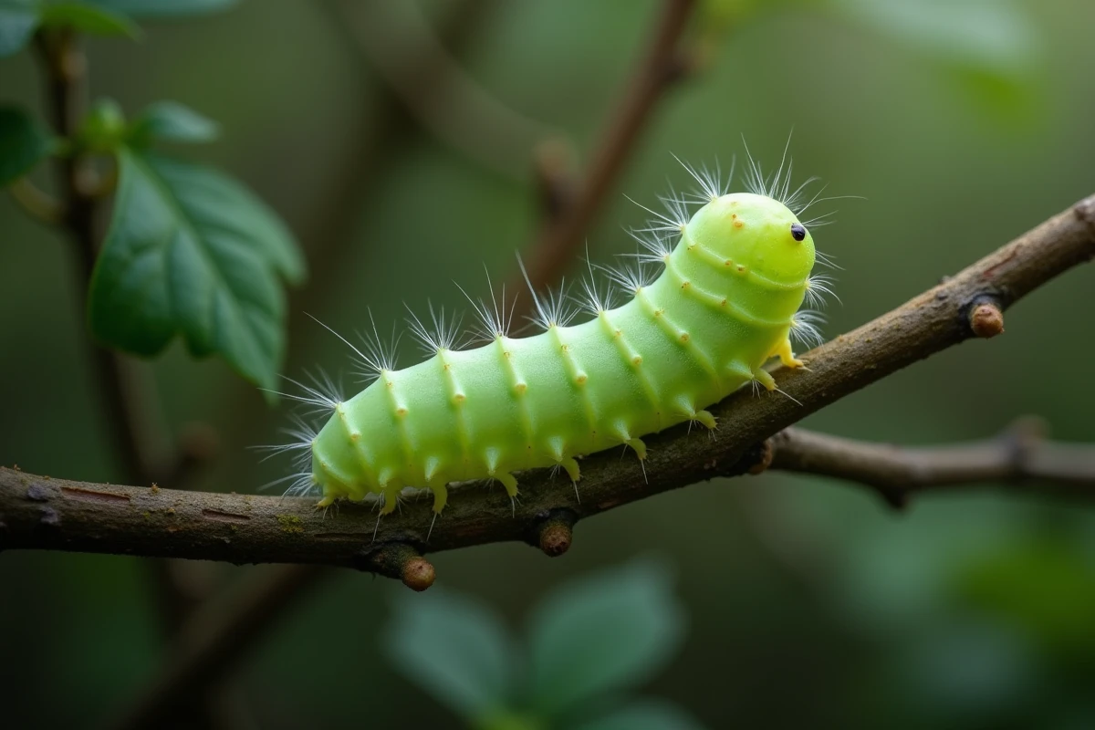 Chenille verte en cours de transformation en chrysalide suspendue à une branche avec fils de soie visibles