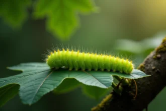 Chenille verte fluo sur une feuille de chêne avec détails macro de ses soies et segments corporels en forêt