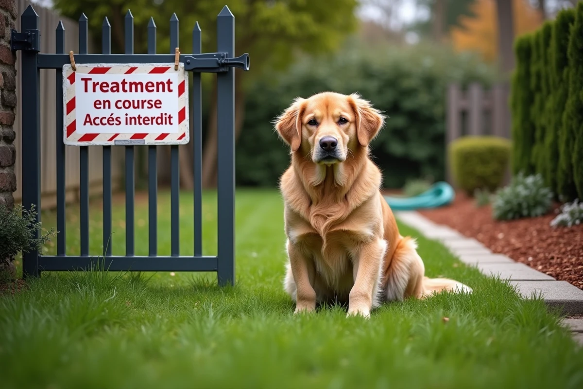 Chien golden retriever assis devant un portail de jardin avec panneau d'avertissement de traitement herbicide Roundup 360 Plus, signalant un accès interdit aux animaux