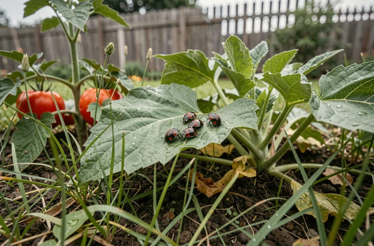 Groupe de coccinelles noires à points rouges sur des feuilles dans un potager extérieur au petit matin