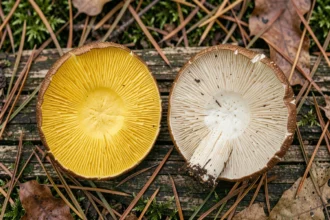 Comparaison côte à côte du bolet à chair jaune et du bolet mortel coupés en deux sur bois forestier