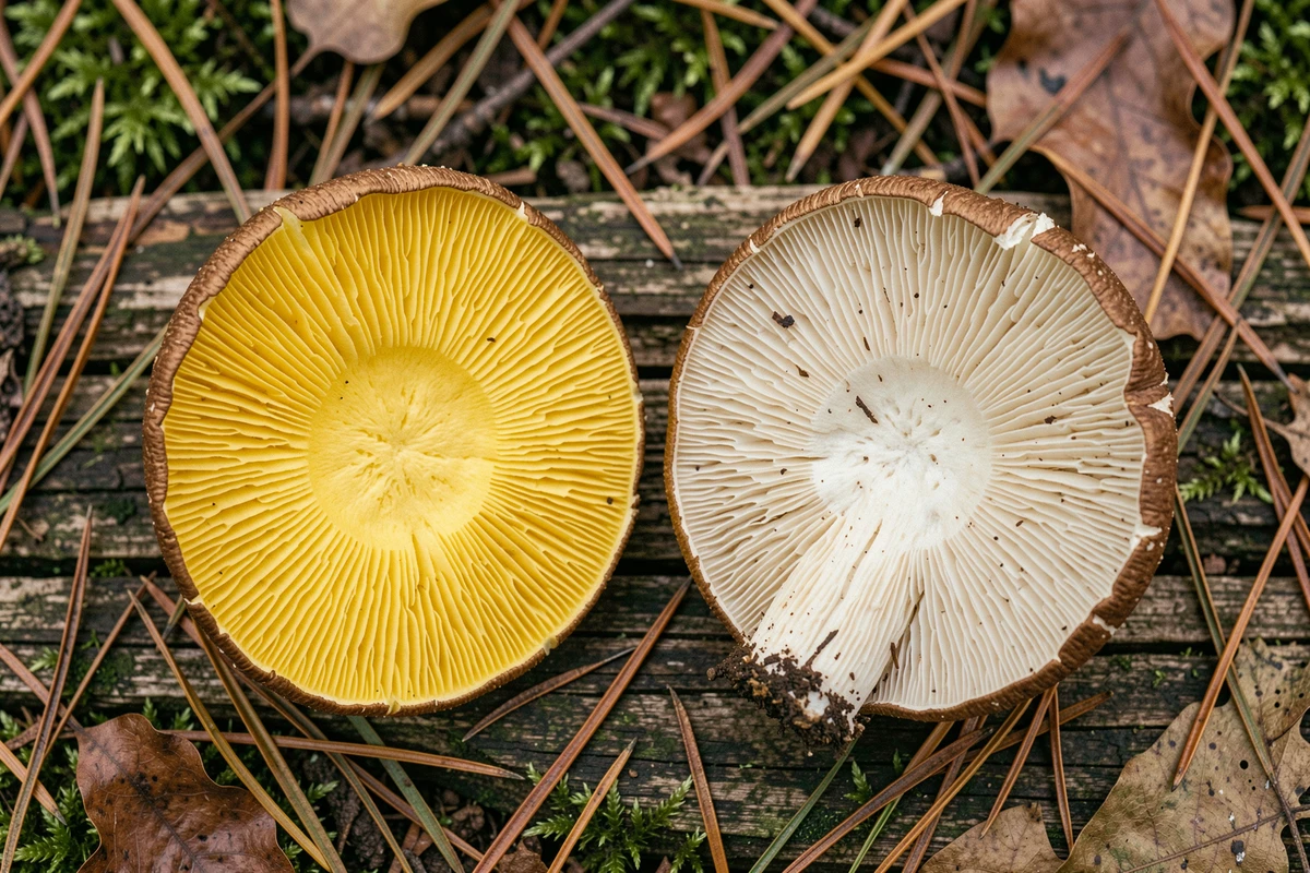 Comparaison côte à côte du bolet à chair jaune et du bolet mortel coupés en deux sur bois forestier