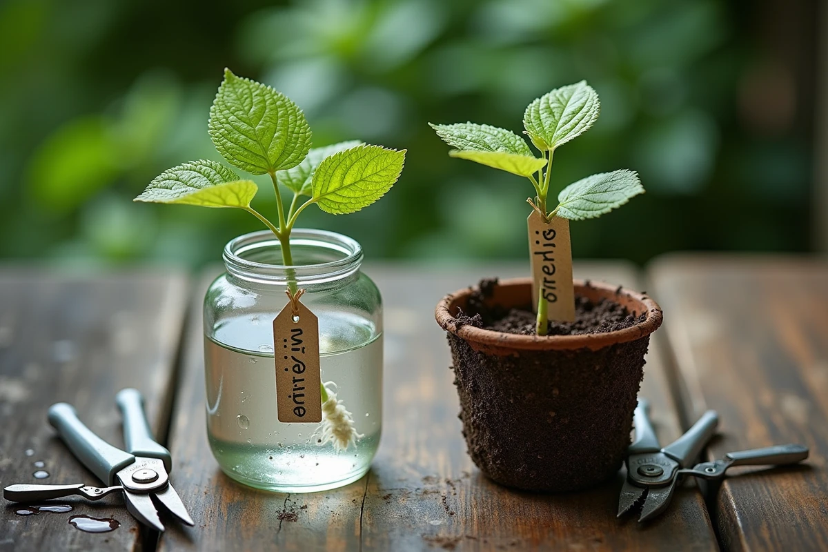 Comparaison de deux méthodes de bouturage d'hortensia, dans l'eau et en terre, posées côte à côte sur une table de jardin