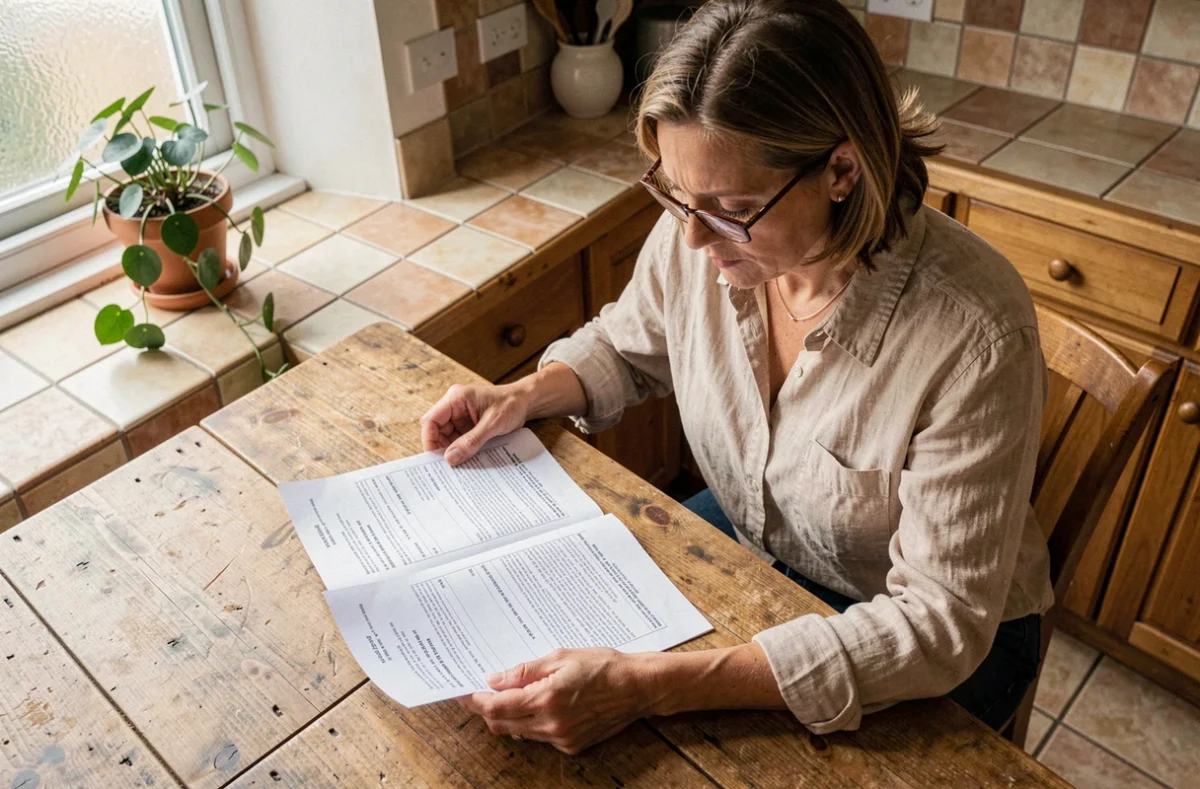 Femme comparant deux devis d'élagage imprimés sur une table en bois dans une cuisine