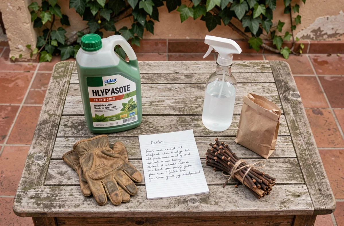 Comparaison entre glyphosate 1 litre et alternatives naturelles sans herbicide chimique sur une table de jardin