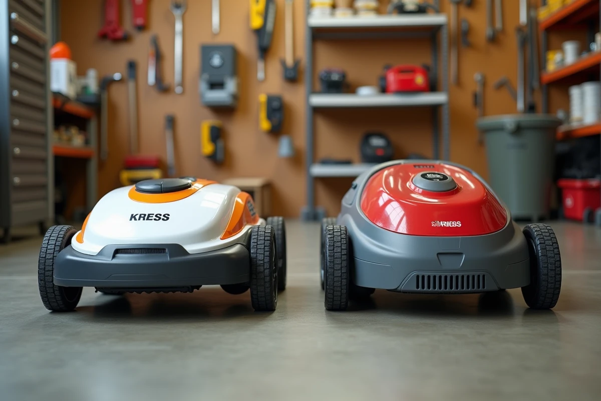 Comparaison côte à côte d'un robot tondeuse Kress et d'un modèle concurrent sur un établi de magasin de jardinage