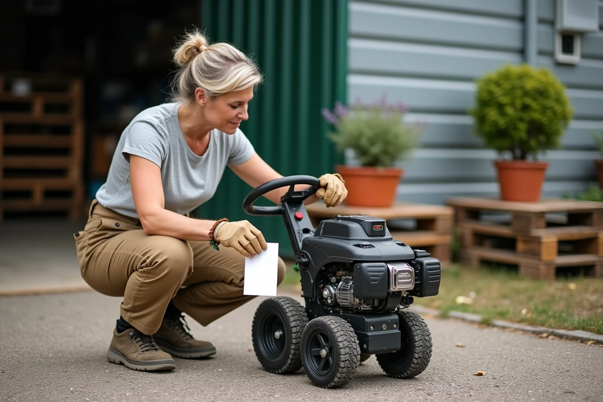 Femme comparant le prix d'une débroussailleuse autoportée économique dans un magasin de jardinage