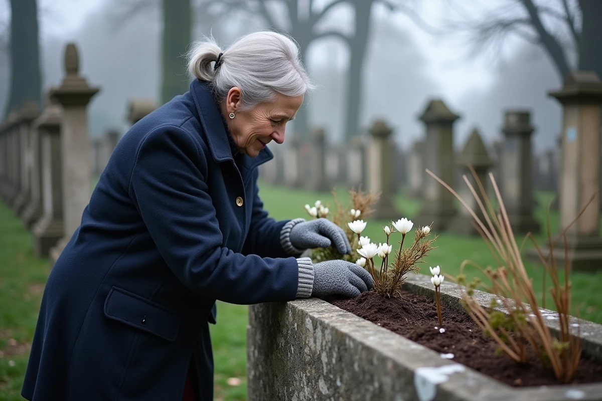 Femme âgée composant une jardinière de cimetière avec des cyclamens blancs et du lierre en hiver