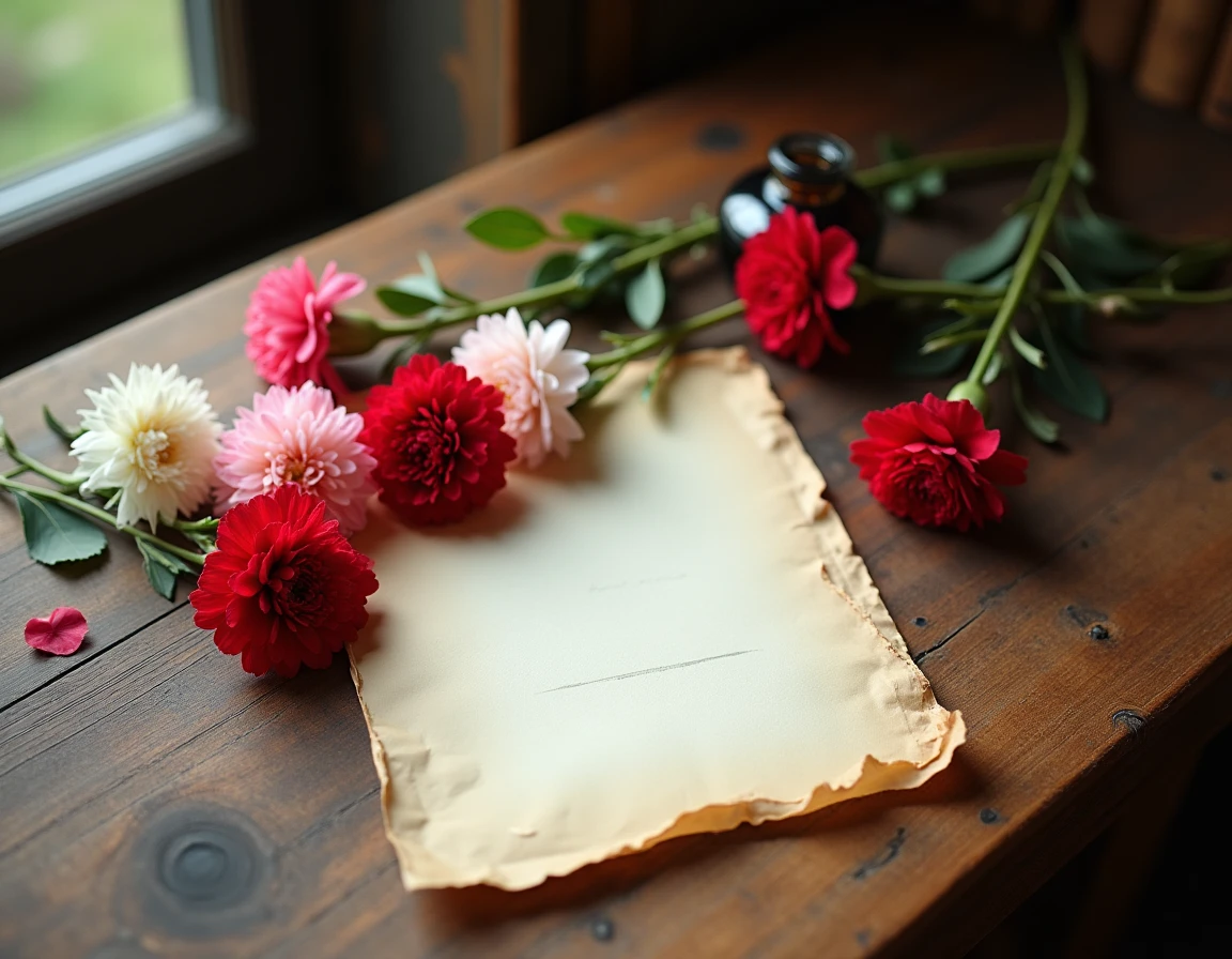Composition à plat d'œillets rouges, blancs et roses sur papier parchemin avec une note manuscrite, évoquant le langage des fleurs