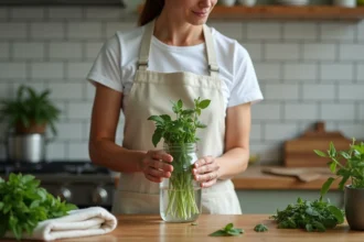 Femme conservant des feuilles de menthe fraîches dans un bocal d'eau froide sur un plan de travail en bois pour éviter le noircissement après récolte